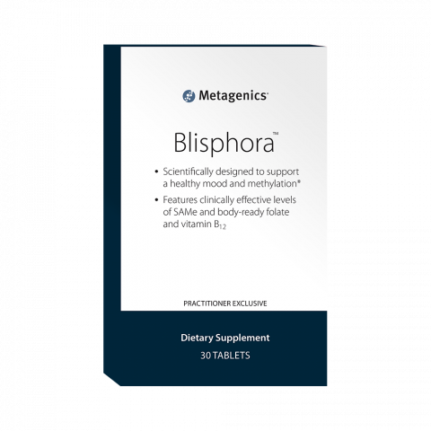 Blisphora®    Scientifically designed to support a healthy mood and methylation     Features clinically effective levels of SAMe and body-ready folate and vitamin B12