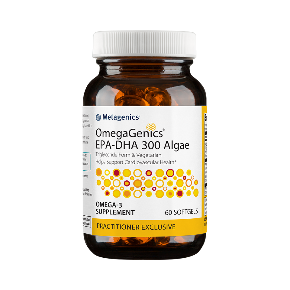OmegaGenics® EPA-DHA 300 Algae Triglyceride Form & Vegetarian Helps Support Cardiovascular Health  purified vegetarian source of omega-3 fatty acids in triglyceride form from the microalgae Schizochytrium sp. Each softgel provides a sum of 300 mg EPA and 