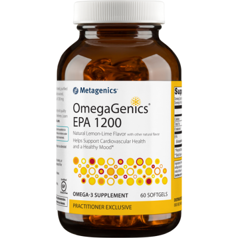 OmegaGenics® EPA 1200  Helps Support Cardiovascular Health and a Healthy Mood features a concentrated, purified source of omega-3 fatty acids from sustainably sourced, cold-water fish. Each softgel provides a total of 1,200 mg of EPA. 