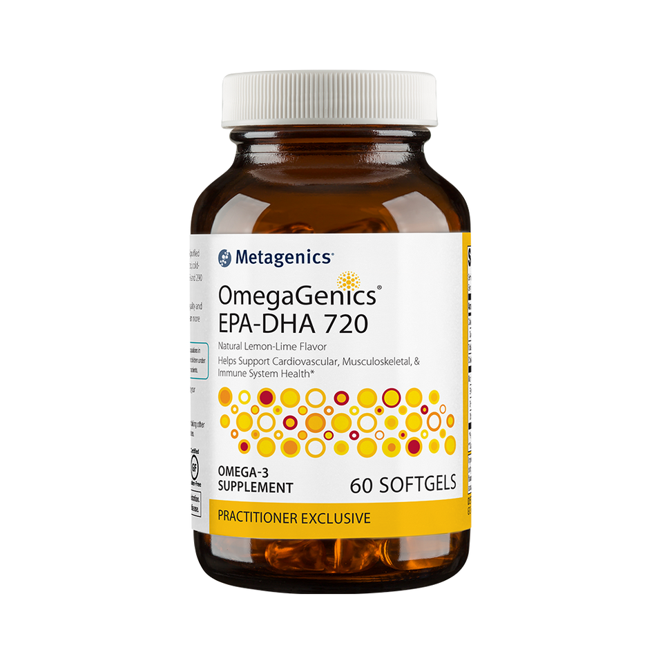 OmegaGenics® EPA-DHA 720 Helps Support Cardiovascular, Musculoskeletal, & Immune System Health features a concentrated, purified source of omega-3 fatty acids from sustainably sourced, coldwater fish. Each softgel provides a total of 430 mg EPA and 290 mg